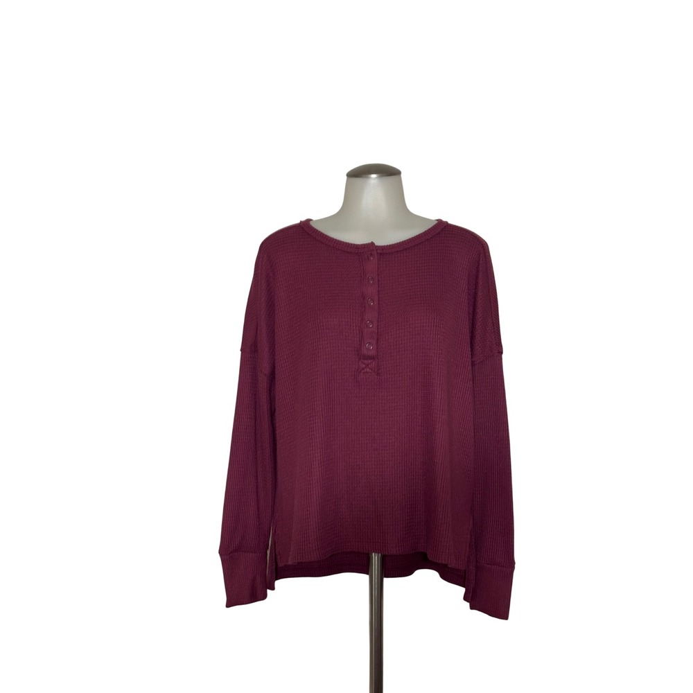 SO Thermal Shirt Women L Plum Waffle Knit Henley Extended Shoulder Excellent